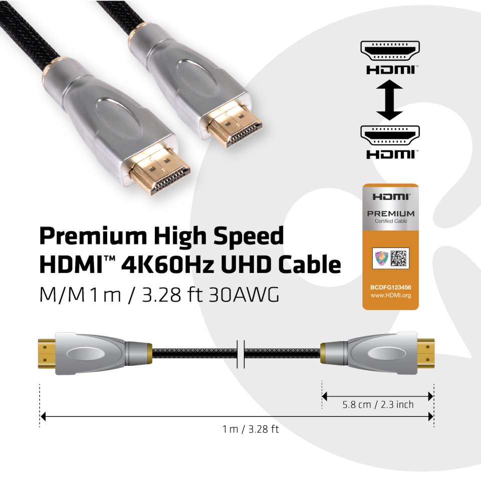 CABLE CLUB 3D CAC-1311 -  PREMIUM HIGH SPEED HDMI™ 2.0 4K60HZ UHD CABLE 1 M/ 3.28 FT