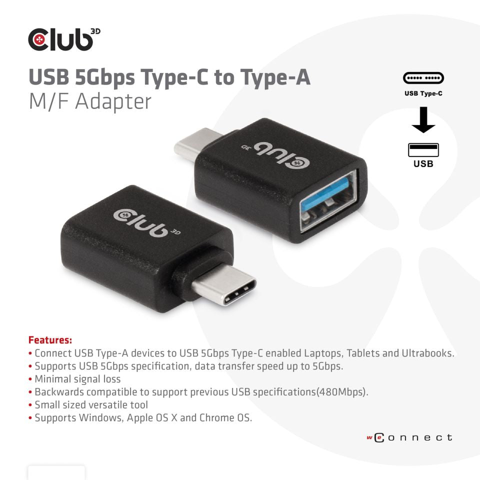 CABLE CLUB 3D CAA-1521 -  USB TYPE C 3.1 GEN 1 MALE TO USB 3.1 GEN 1 TYPE A FEMALE ADAPTER