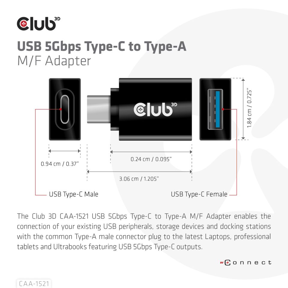 CABLE CLUB 3D CAA-1521 -  USB TYPE C 3.1 GEN 1 MALE TO USB 3.1 GEN 1 TYPE A FEMALE ADAPTER