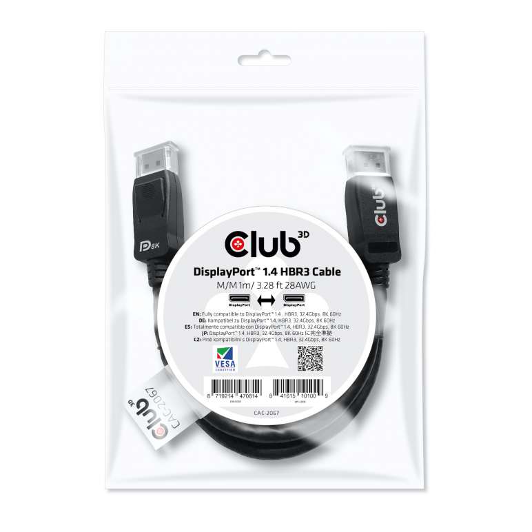 CABLE CLUB 3D CAC-2067 - DISPLAYPORT™ 1.4 HBR3 CABLE MALE / MALE 1M/3.28FT.