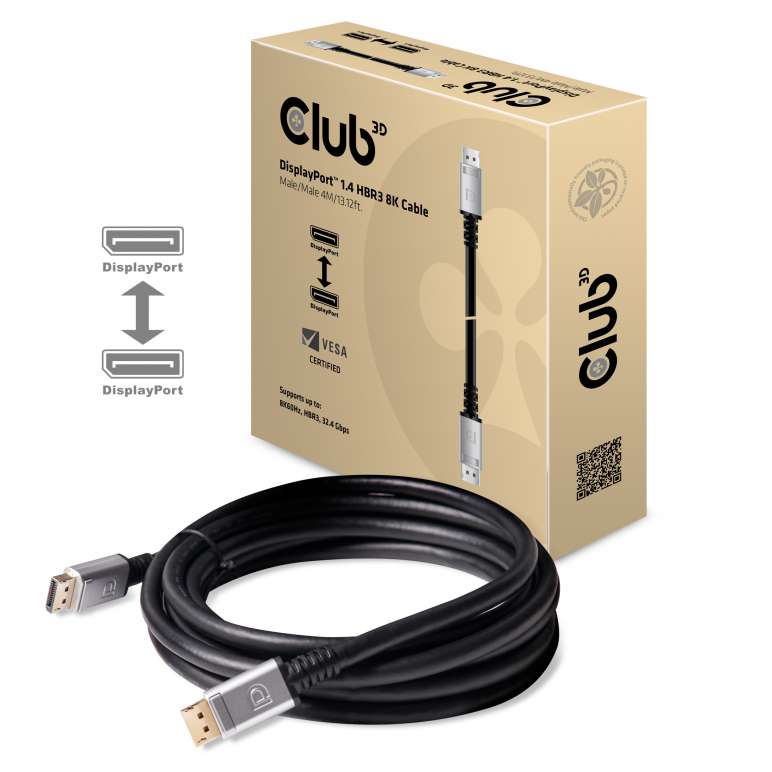 CABLE CLUB 3D CAC-1069 - DISPLAYPORT™ 1.4 HBR3 CABLE MALE / MALE 4 METERS/13.12FT. 8K @60HZ 24AWG - SILVER CONNECTOR