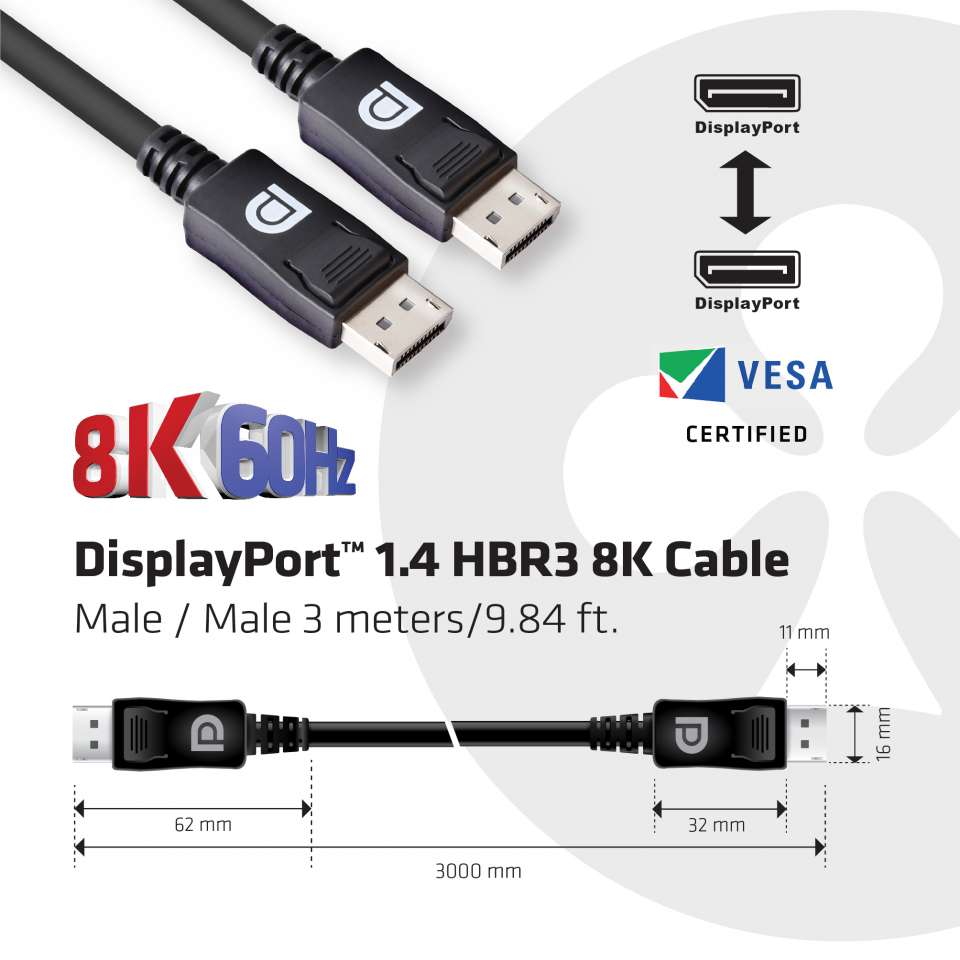 CABLE CLUB 3D CAC-1060 -  DISPLAYPORT™ 1.4 HBR3 CABLE MALE / MALE 3 METERS /9.84FT