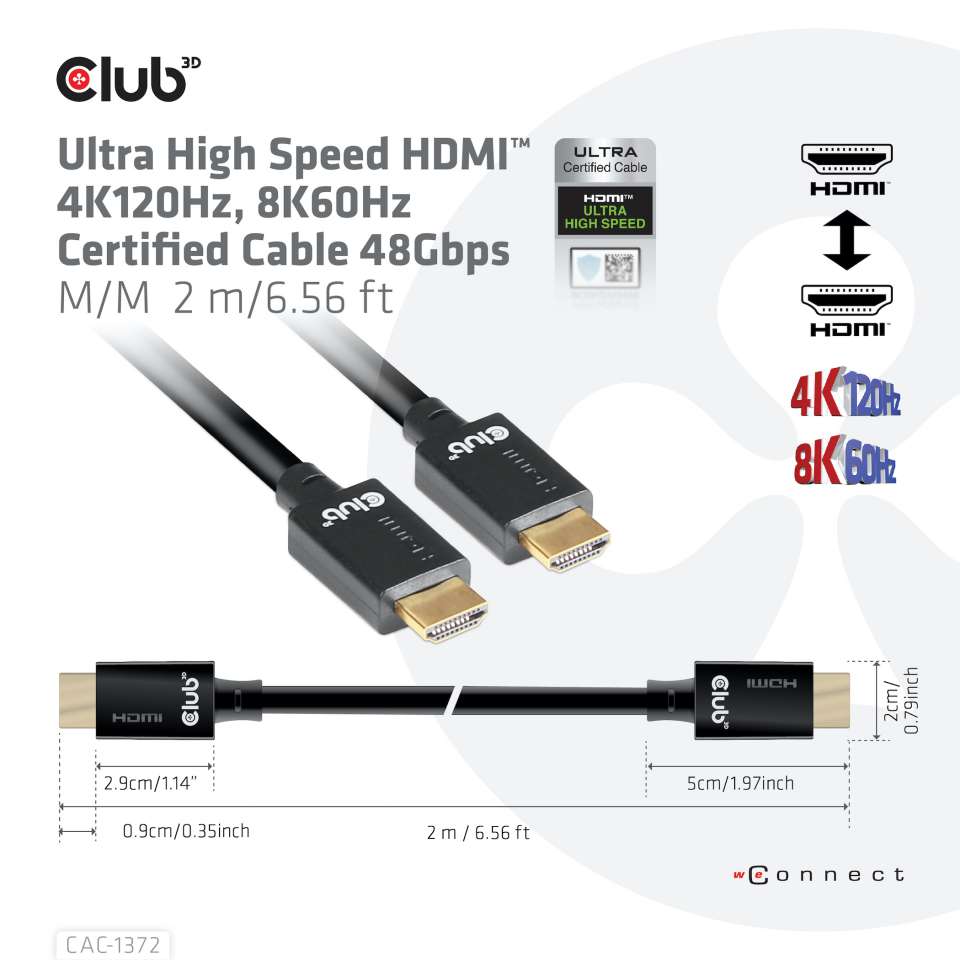 CABLE CLUB 3D CAC-1372 - HDMI 2.1 MALE TO HDMI 2.1 MALE ULTRA HIGH SPEED 4K 120Hz 8K60HZ 2M/ 6.56FT