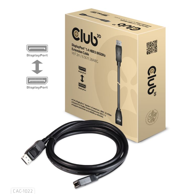 CABLE CLUB 3D CAC-1022 - DISPLAYPORT 1.4 HBR3 EXTENSION CABLE 8K60HZ M/F 2M /6.56FT