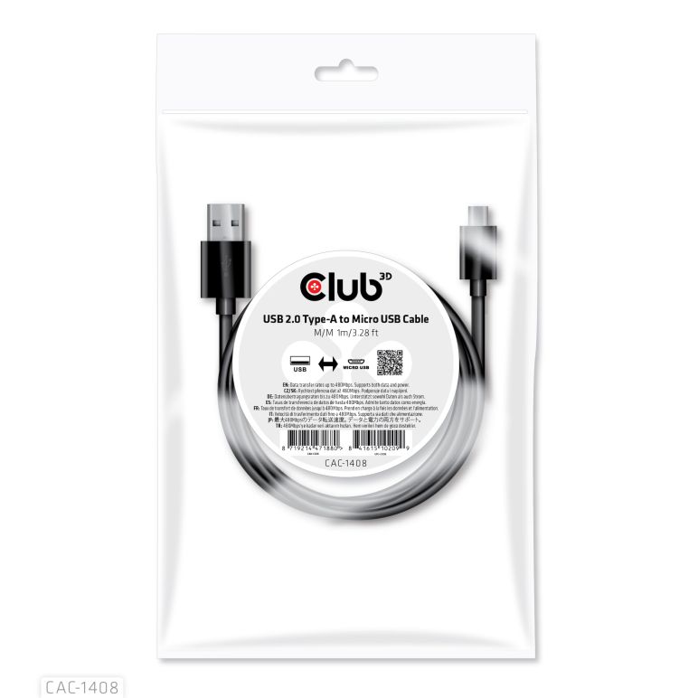 CABLE CLUB 3D CAC-1408 - USB TYPE A MALE TO USB Micro MALE CABLE 1METER / 3.28FEET