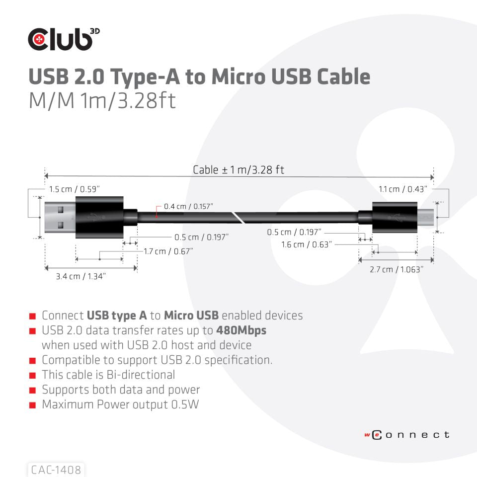 CABLE CLUB 3D CAC-1408 - USB TYPE A MALE TO USB Micro MALE CABLE 1METER / 3.28FEET