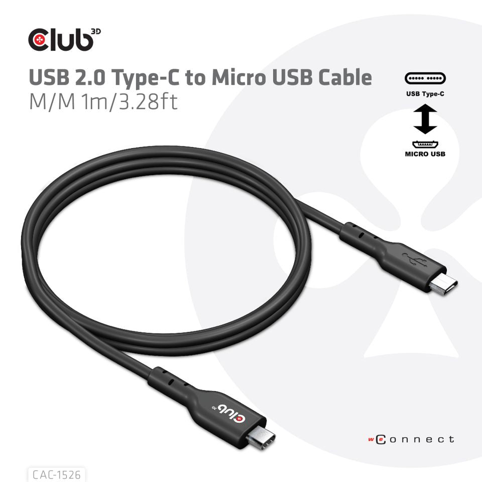 CABLE CLUB 3D CAC-1526 - USB TYPE C MALE TO USB MICRO MALE CABLE 1 METER/3.28FEET