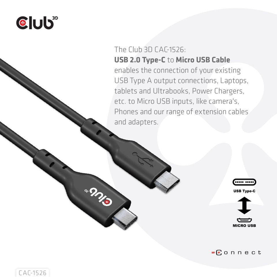 CABLE CLUB 3D CAC-1526 - USB TYPE C MALE TO USB MICRO MALE CABLE 1 METER/3.28FEET